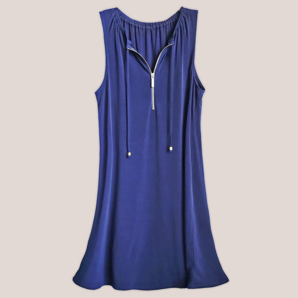 MICHAEL Michael Kors Navy Blue Stretch Shift Dress with Zipper and Tassles - Picture 1 of 4